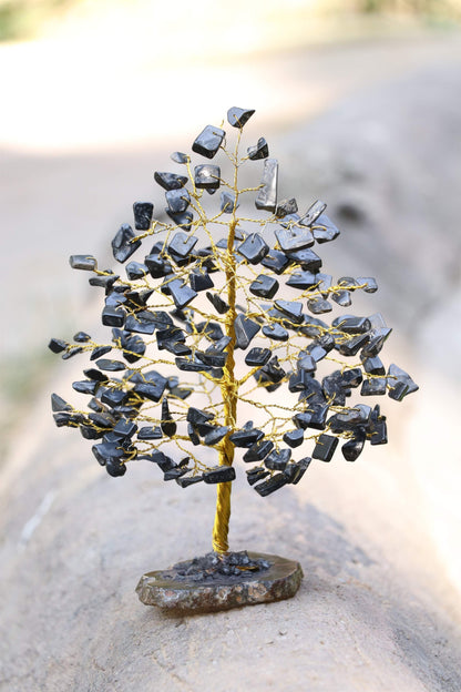 Black Tourmaline Gemstone Tree of Life (Geode Agate Slice Base)