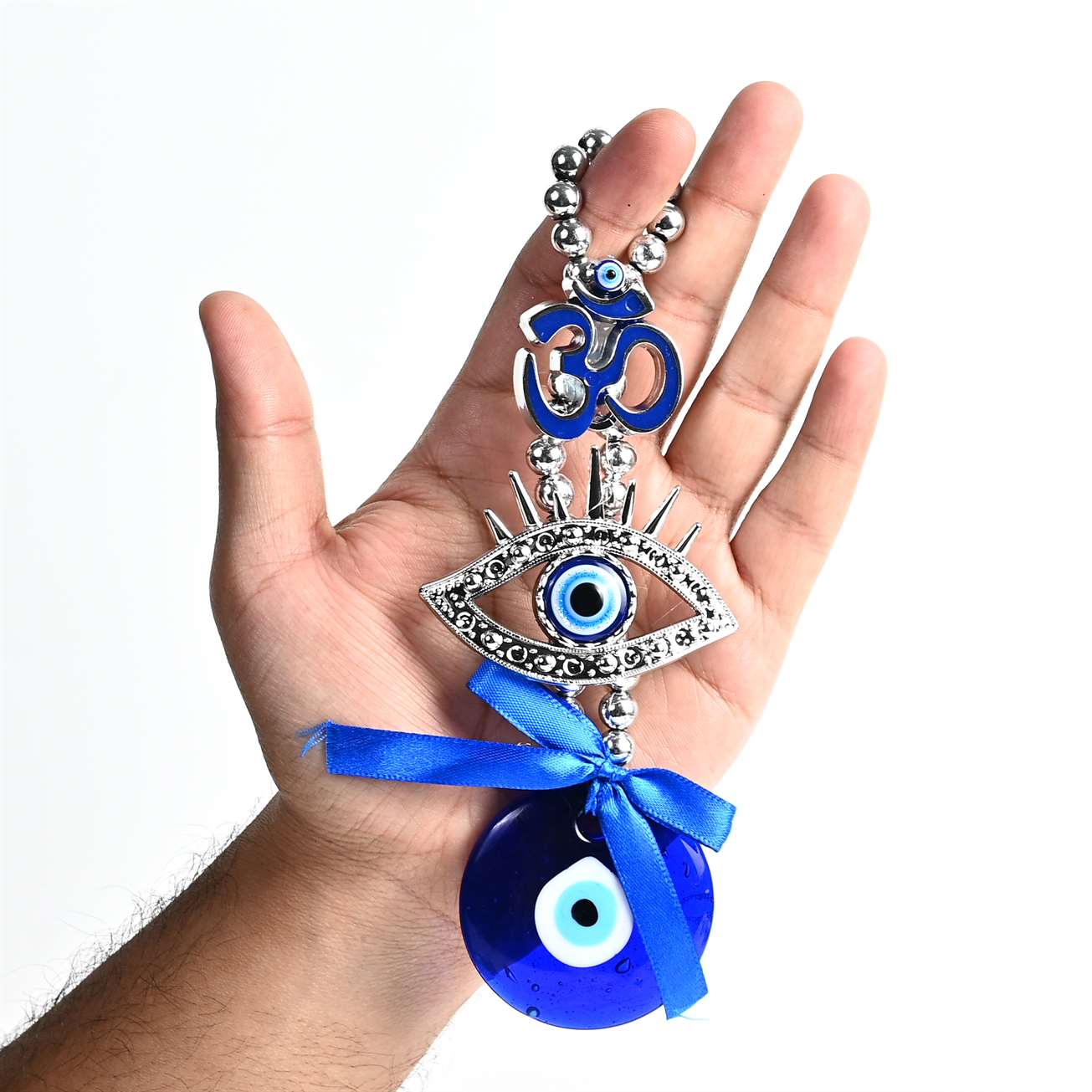 Metal Om Design Evil Eye Wall Hanging with Blue Pendant