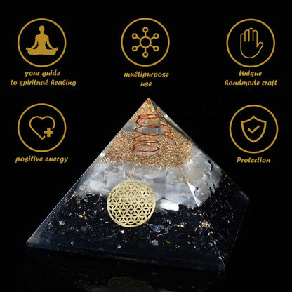 Black Tourmaline & Selenite Orgone Pyramid Crystal Point - 3 inch - TheIndianHand