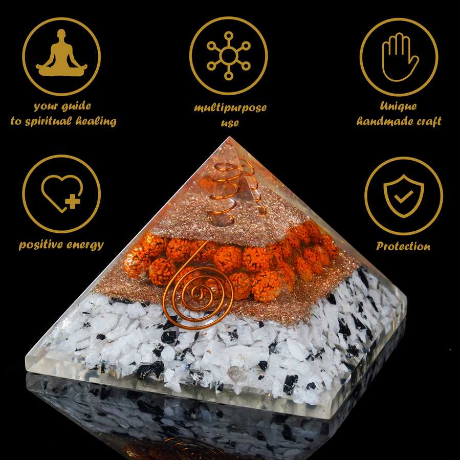 Rudraksh & Rainbow Moonstone Orgone Pyramid - 2.5 inch - TheIndianHand