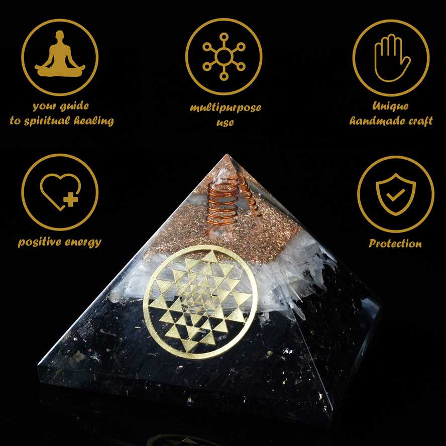 Selenite & Black Tourmaline Orgone Pyramid with Yantra Symbol - 2.5 inch - TheIndianHand