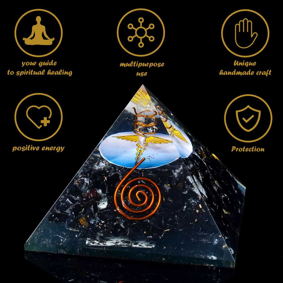 Black Tourmaline Gemstone Orgone Pyramid with Caduceus Symbol - 2.5-3 inch - TheIndianHand