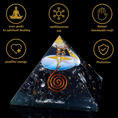 Black Tourmaline Gemstone Orgone Pyramid with Caduceus Symbol - 2.5-3 inch - TheIndianHand