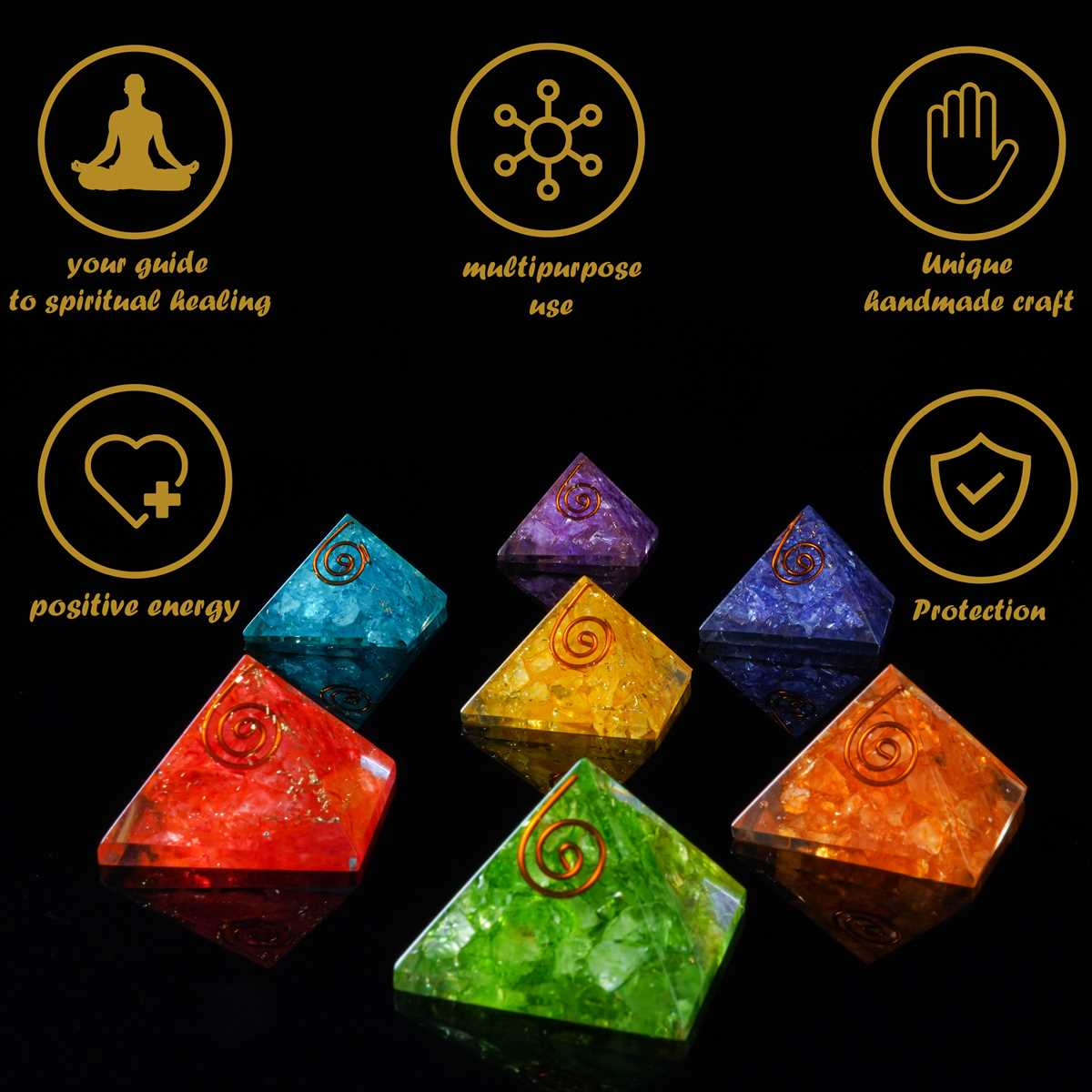 Orgone Pyramids of 7 Colors Onyx (Set of 7) - 20-25 mm - TheIndianHand