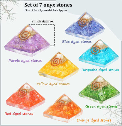 Seven Colors Orgone Pyramids White Pearl Stone Copper Spiral (Set of 7) - 1 inch Each - TheIndianHand