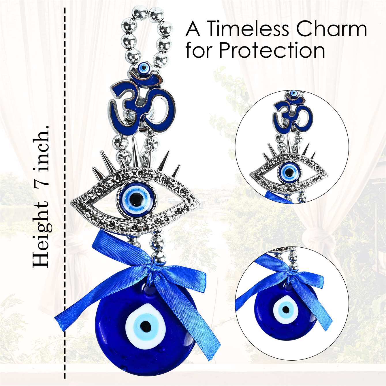 Metal Om Design Evil Eye Wall Hanging with Blue Pendant