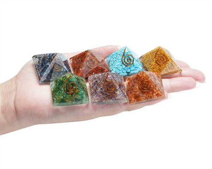 Seven Chakra Orgone Pyramid (Set of 7) - 1 inch Each - TheIndianHand