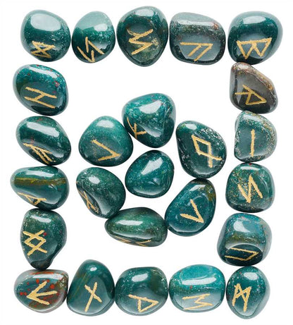 Green Bloodstone Rune Stones Set Engraved