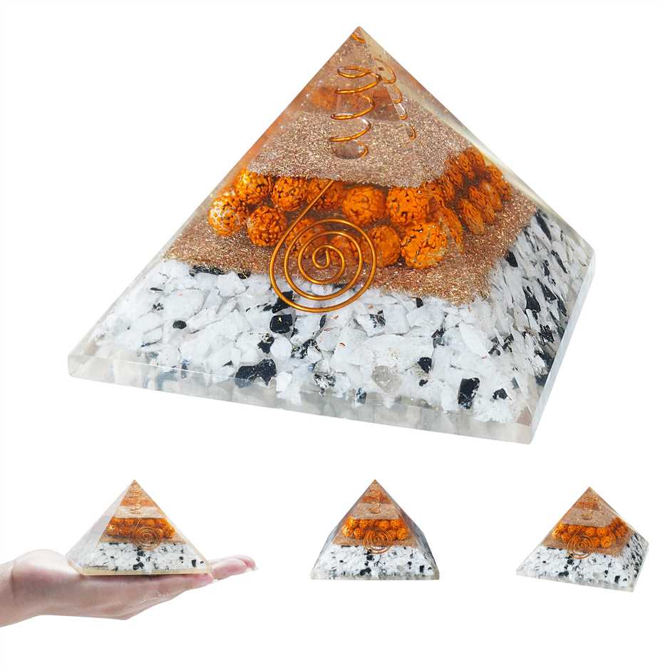 Rudraksh & Rainbow Moonstone Orgone Pyramid - 2.5 inch - TheIndianHand