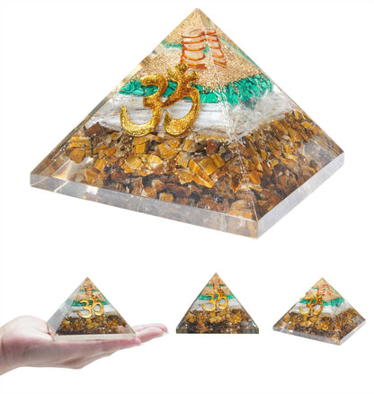 Tiger Eye, Selenite & Green Malachite Orgone Pyramid - 2.5 inch - TheIndianHand