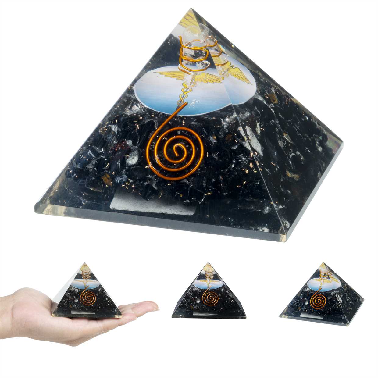 Black Tourmaline Gemstone Orgone Pyramid with Caduceus Symbol - 2.5-3 inch - TheIndianHand