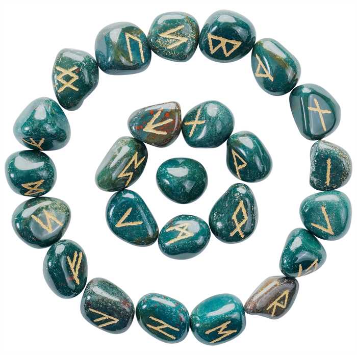 Green Bloodstone Rune Stones Set Engraved