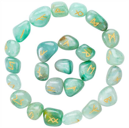 Green Aventurine Rune Stones Set Engraved